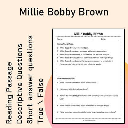 Millie Bobby Brown | Reading Comprehension Passage Printable Activity