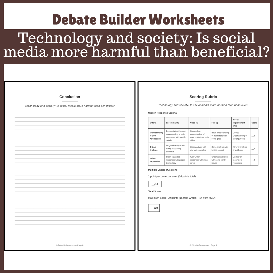 Technology and society: Is social media more harmful than beneficial? | Favour and Against Worksheet Printable Activity