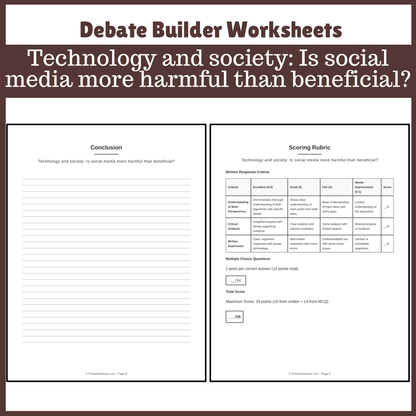 Technology and society: Is social media more harmful than beneficial? | Favour and Against Worksheet Printable Activity