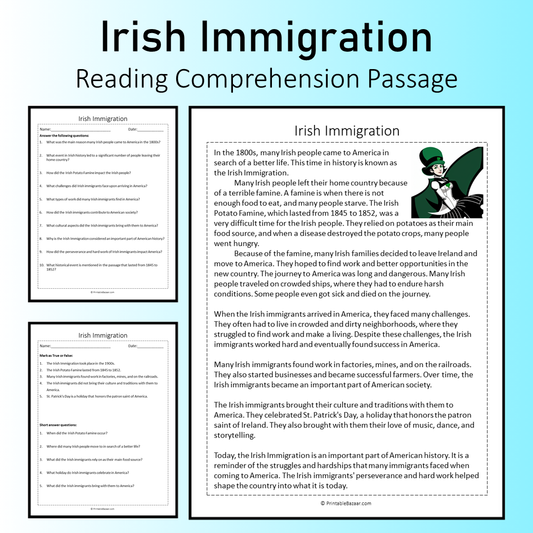 Irish Immigration | Reading Comprehension Passage Printable Worksheet
