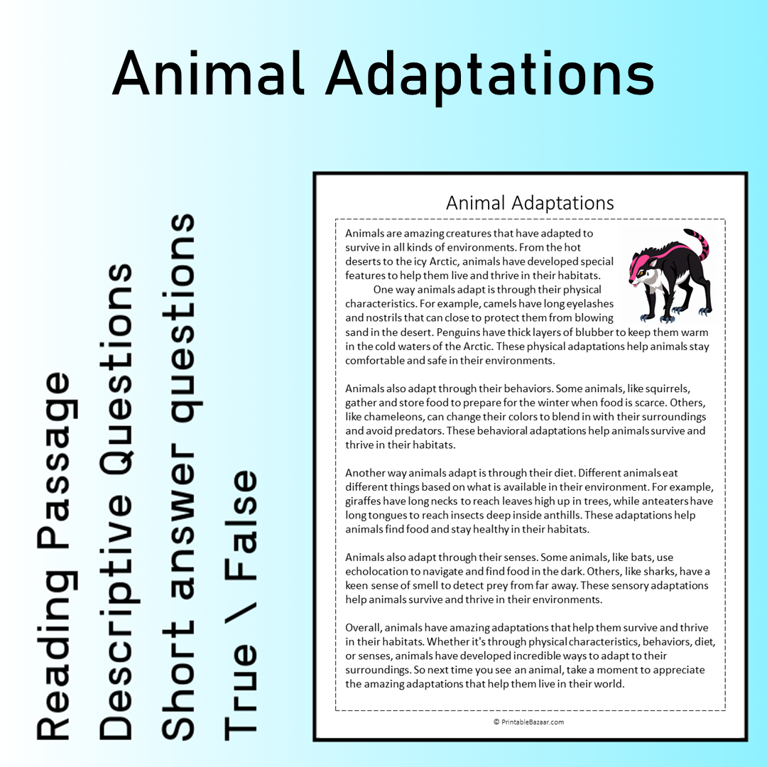 Animal Adaptations | Reading Comprehension Passage Printable Worksheet
