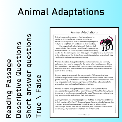 Animal Adaptations | Reading Comprehension Passage Printable Worksheet