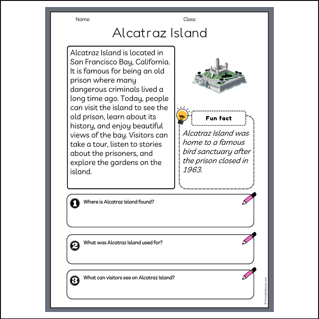 Alcatraz Island | Reading Passage Comprehension Questions Writing Facts Worksheet