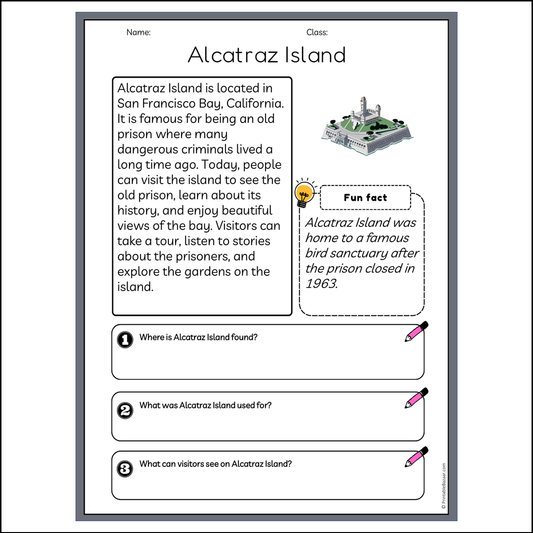 Alcatraz Island | Reading Passage Comprehension Questions Writing Facts Worksheet