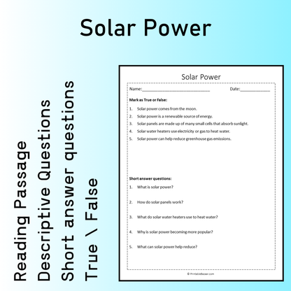 Solar Power | Reading Comprehension Passage Printable Worksheet