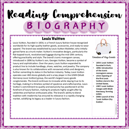 Louis Vuitton | Biography Reading Comprehension and Questions Worksheet