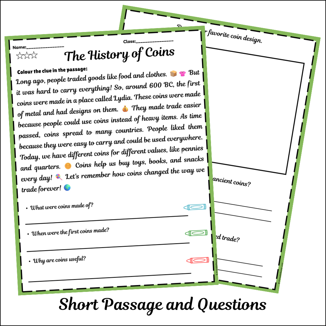 The History of Coins | Short Reading Comprehension Creative Worksheet