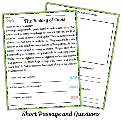 The History of Coins | Short Reading Comprehension Creative Worksheet