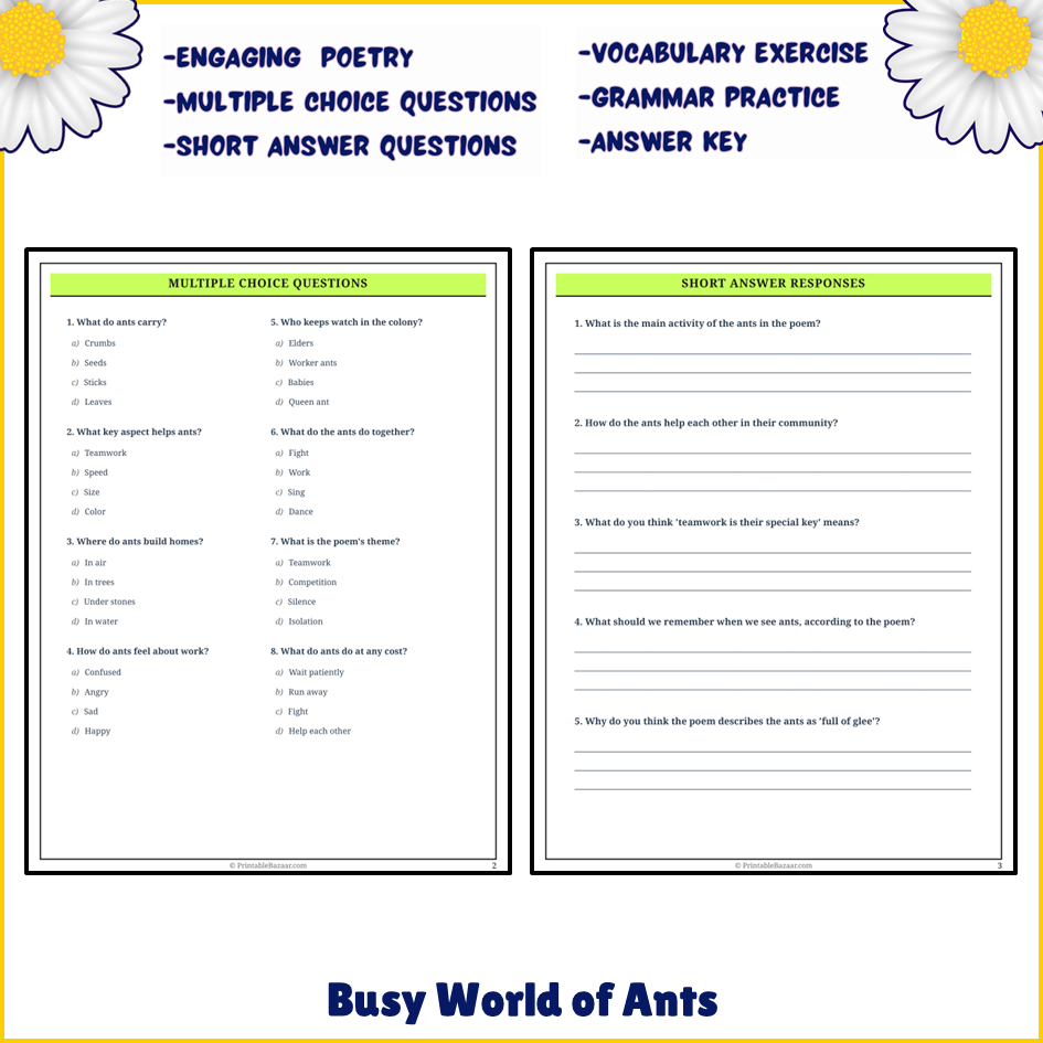 Busy World of Ants | Poem Grammar Worksheet Printable Activity