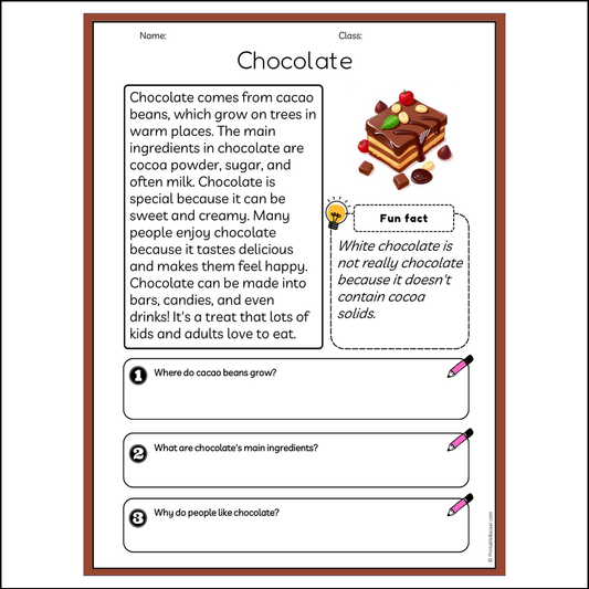 Chocolate | Reading Passage Comprehension Questions Writing Facts Worksheet