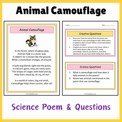 Animal Camouflage | Science Poem Reading Comprehension Activity