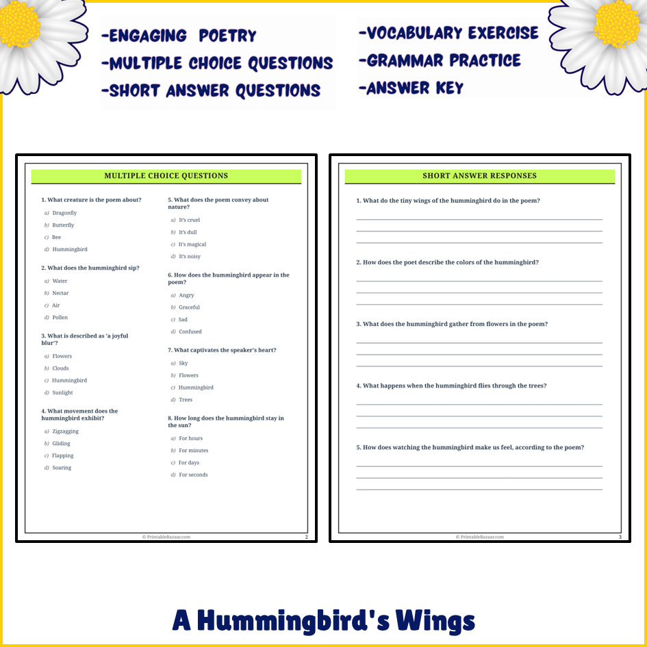 A Hummingbird's Wings | Poem Grammar Worksheet Printable Activity