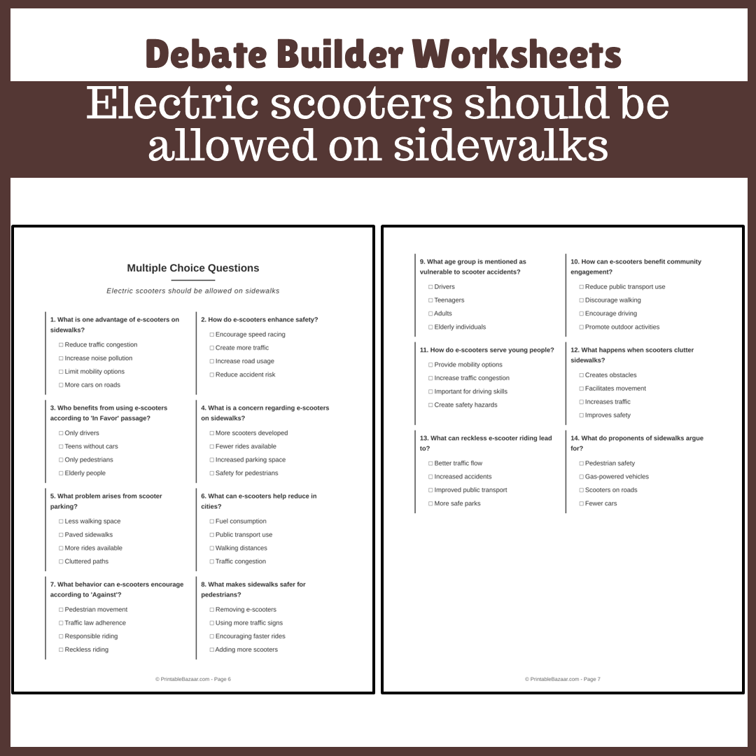 Electric scooters should be allowed on sidewalks | Favour and Against Worksheet Printable Activity