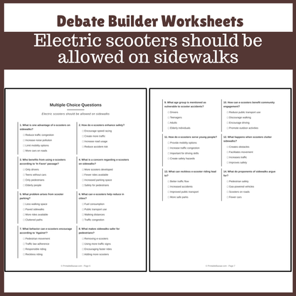 Electric scooters should be allowed on sidewalks | Favour and Against Worksheet Printable Activity