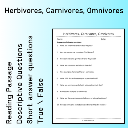 Herbivores, Carnivores, Omnivores | Reading Comprehension Passage Printable Worksheet