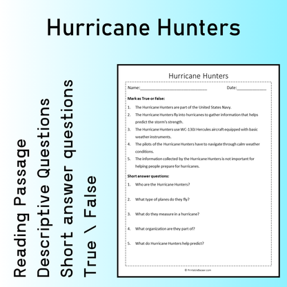 Hurricane Hunters | Reading Comprehension Passage Printable Worksheet