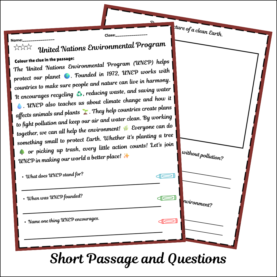 United Nations Environmental Program | Short Reading Comprehension Creative Worksheet