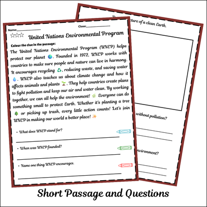 United Nations Environmental Program | Short Reading Comprehension Creative Worksheet