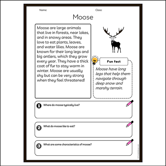 Moose | Reading Passage Comprehension Questions Writing Facts Worksheet