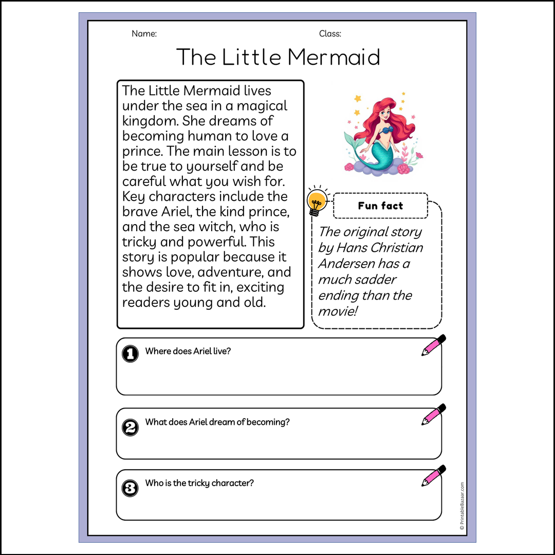 The Little Mermaid | Reading Passage Comprehension Questions Writing Facts Worksheet