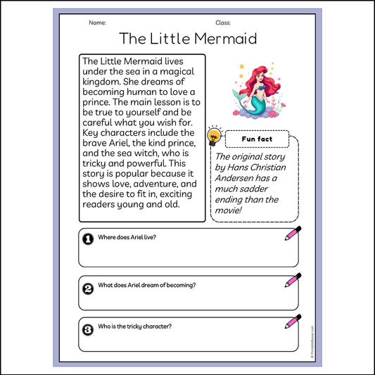 The Little Mermaid | Reading Passage Comprehension Questions Writing Facts Worksheet