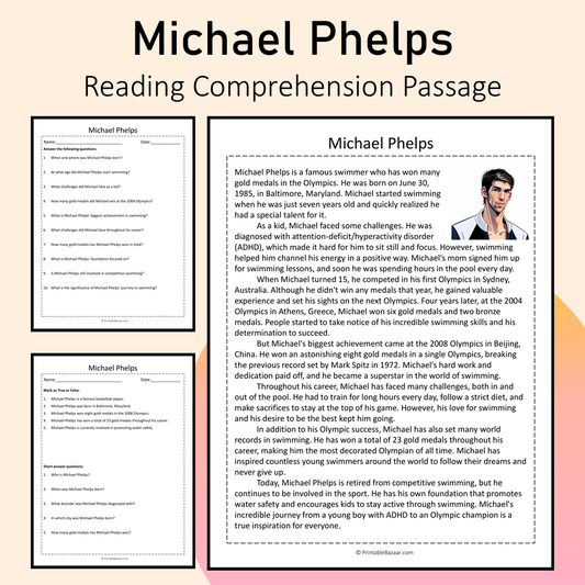 Michael Phelps | Reading Comprehension Passage Printable Activity
