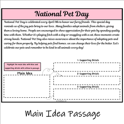 National Pet Day | Main Idea and Supporting Details Reading Passage and Questions