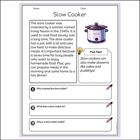 Slow Cooker | Reading Passage Comprehension Questions Writing Facts Worksheet