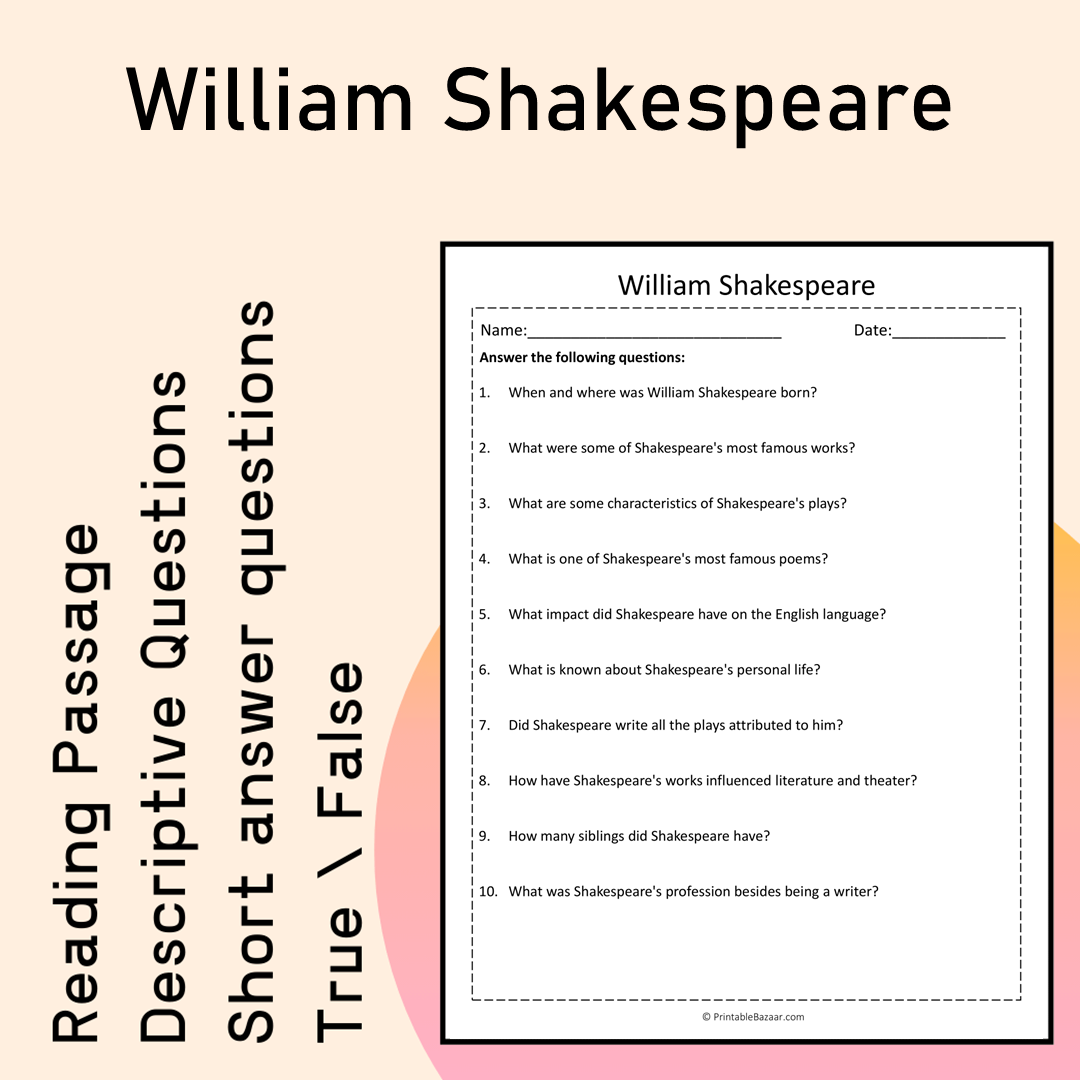 William Shakespeare | Reading Comprehension Passage Printable Activity
