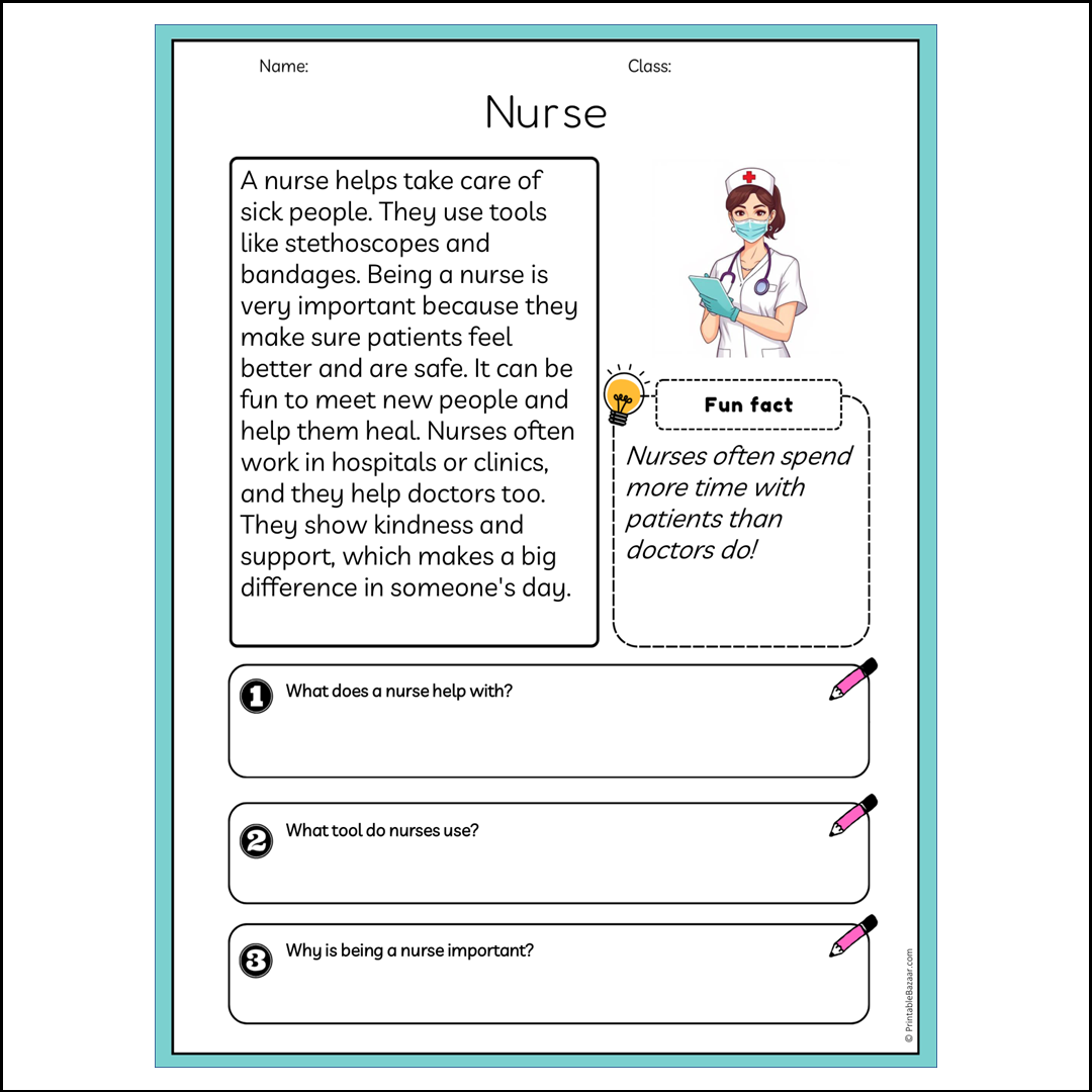 Nurse | Reading Passage Comprehension Questions Writing Facts Worksheet