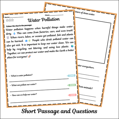 Water Pollution | Short Reading Comprehension Creative Worksheet