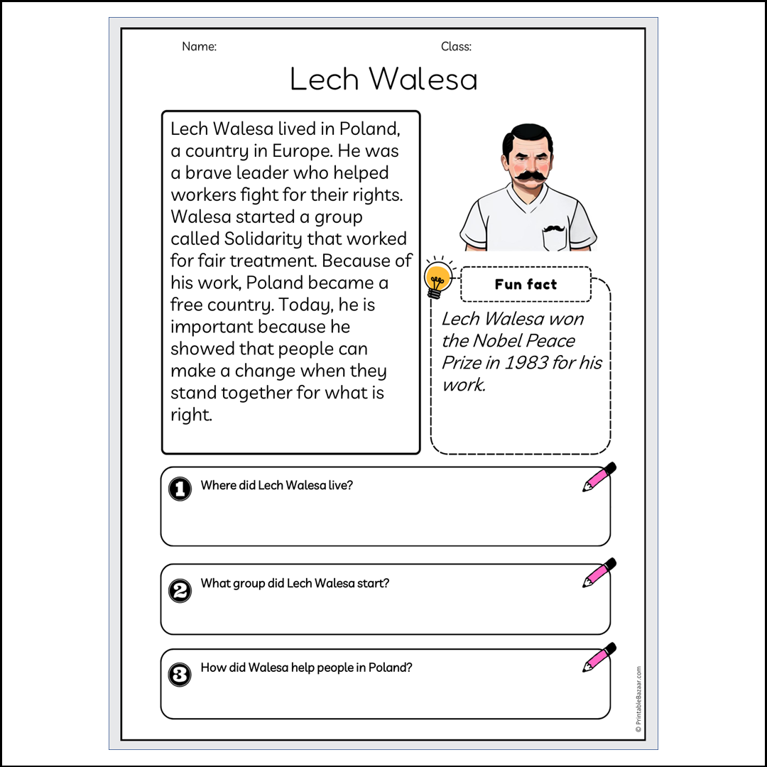 Lech Walesa | Reading Passage Comprehension Questions Writing Facts Worksheet