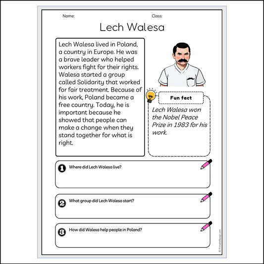 Lech Walesa | Reading Passage Comprehension Questions Writing Facts Worksheet