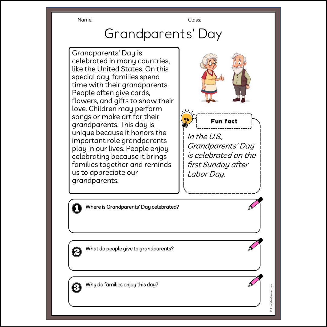 Grandparents' Day | Reading Passage Comprehension Questions Writing Facts Worksheet