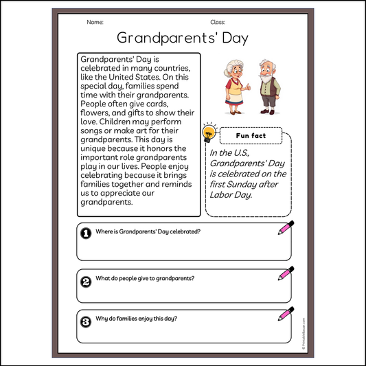 Grandparents' Day | Reading Passage Comprehension Questions Writing Facts Worksheet