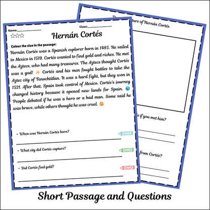 Hernán Cortés | Short Reading Comprehension Creative Worksheet