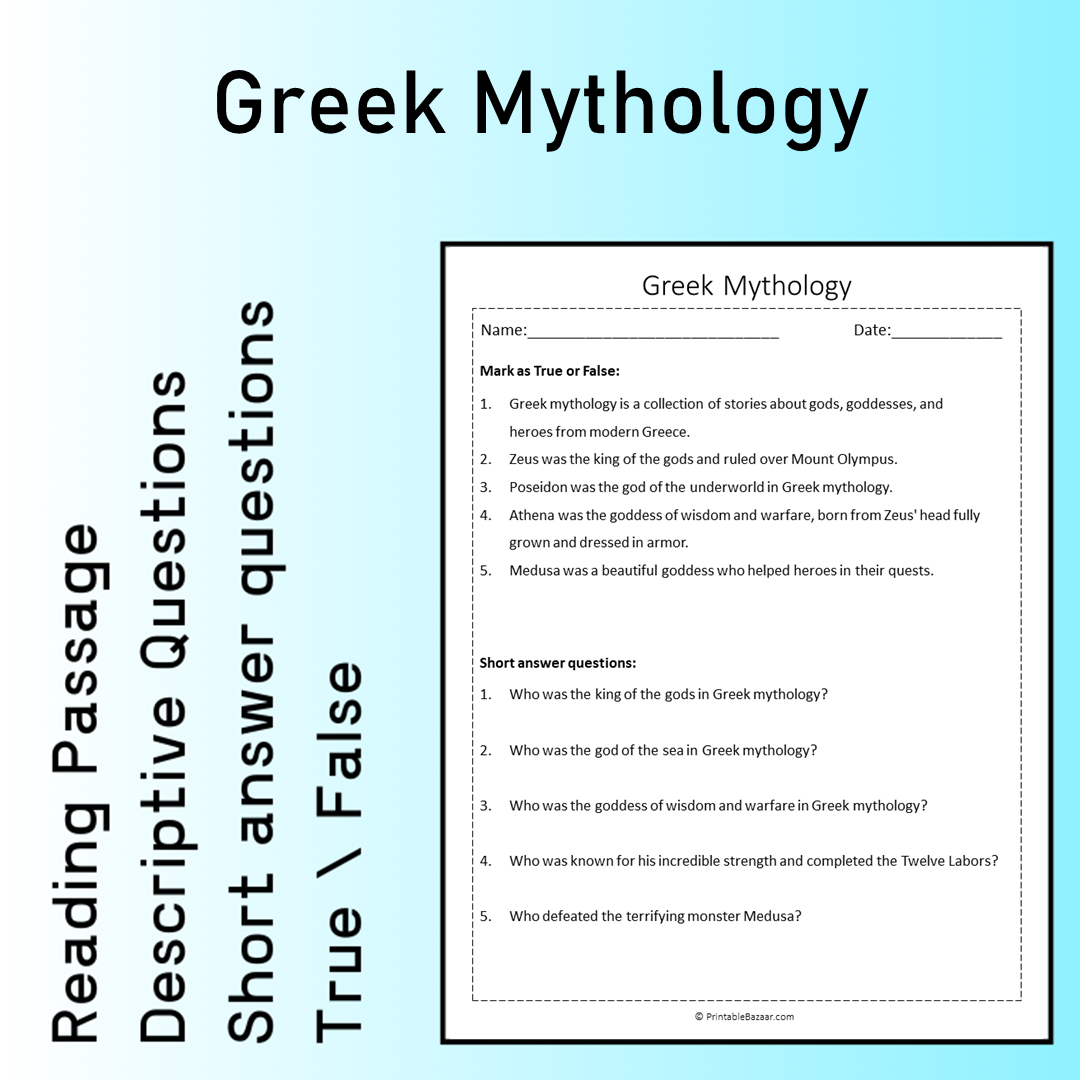 Greek Mythology | Reading Comprehension Passage Printable Worksheet