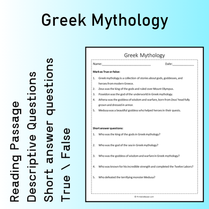 Greek Mythology | Reading Comprehension Passage Printable Worksheet