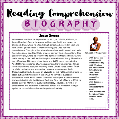 Jesse Owens | Biography Reading Comprehension and Questions Worksheet