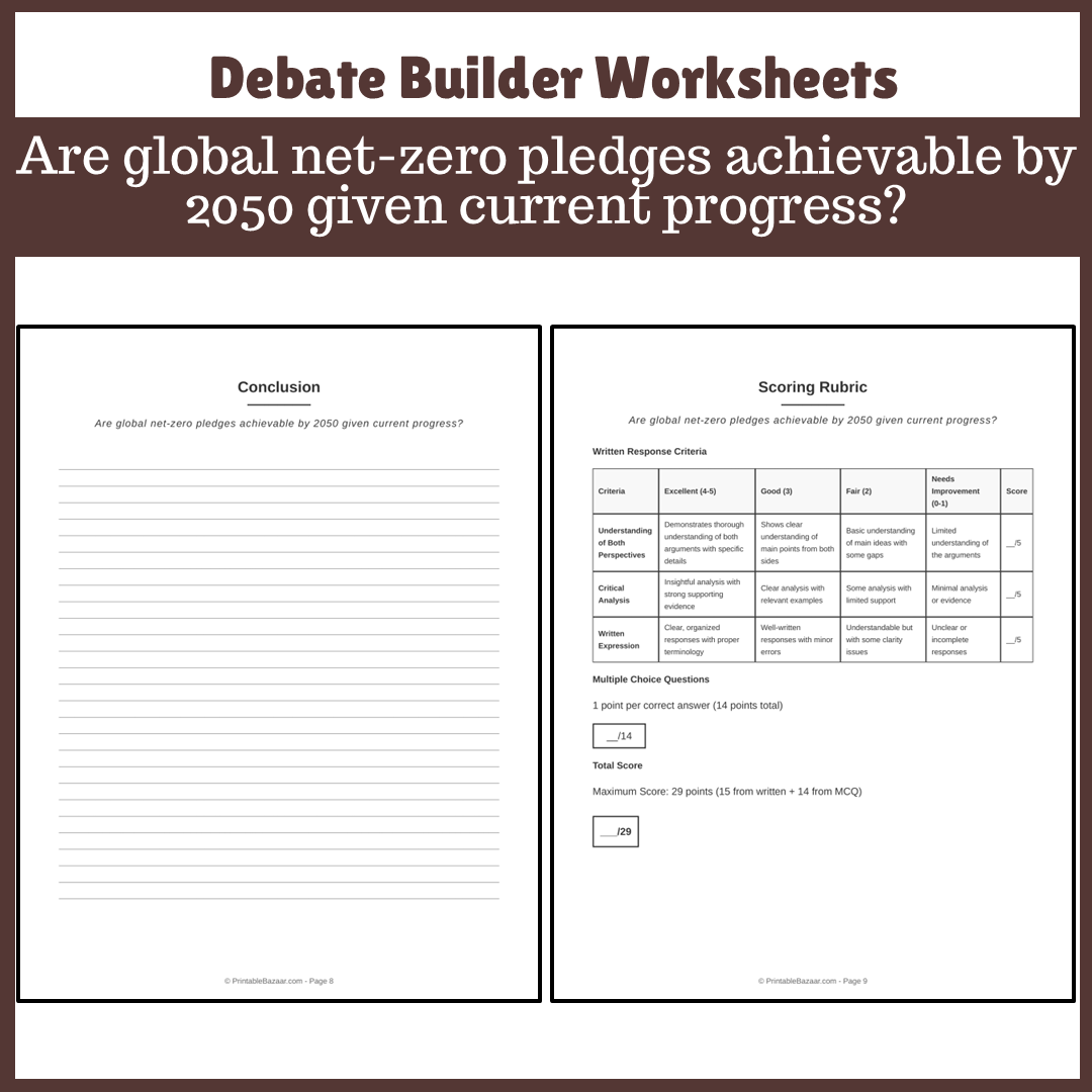 Are global net-zero pledges achievable by 2050 given current progress? | Favour and Against Worksheet Printable Activity