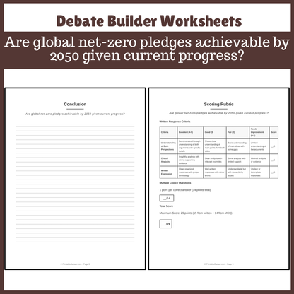 Are global net-zero pledges achievable by 2050 given current progress? | Favour and Against Worksheet Printable Activity