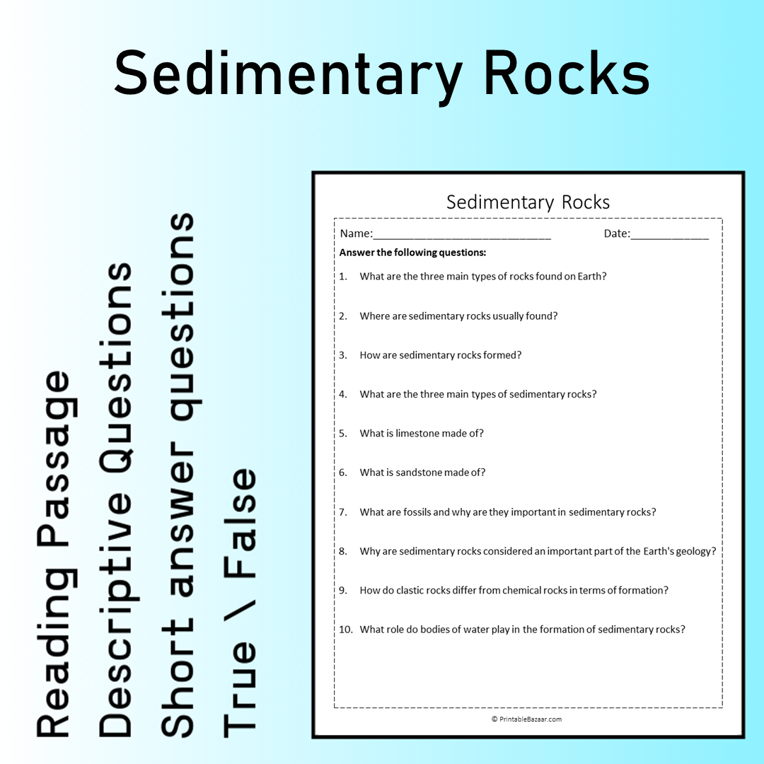 Sedimentary Rocks | Reading Comprehension Passage Printable Worksheet