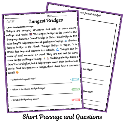 Longest Bridges | Short Reading Comprehension Creative Worksheet