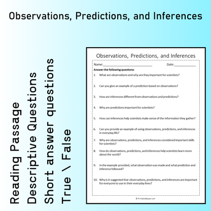 Observations, Predictions, and Inferences | Reading Comprehension Passage Printable Worksheet