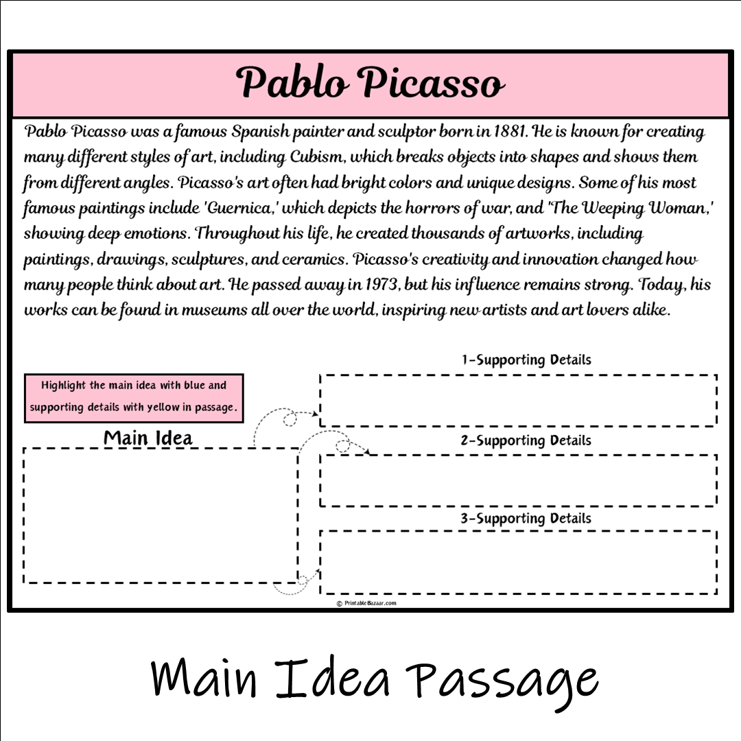 Pablo Picasso | Main Idea and Supporting Details Reading Passage and Questions