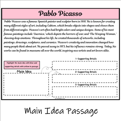 Pablo Picasso | Main Idea and Supporting Details Reading Passage and Questions