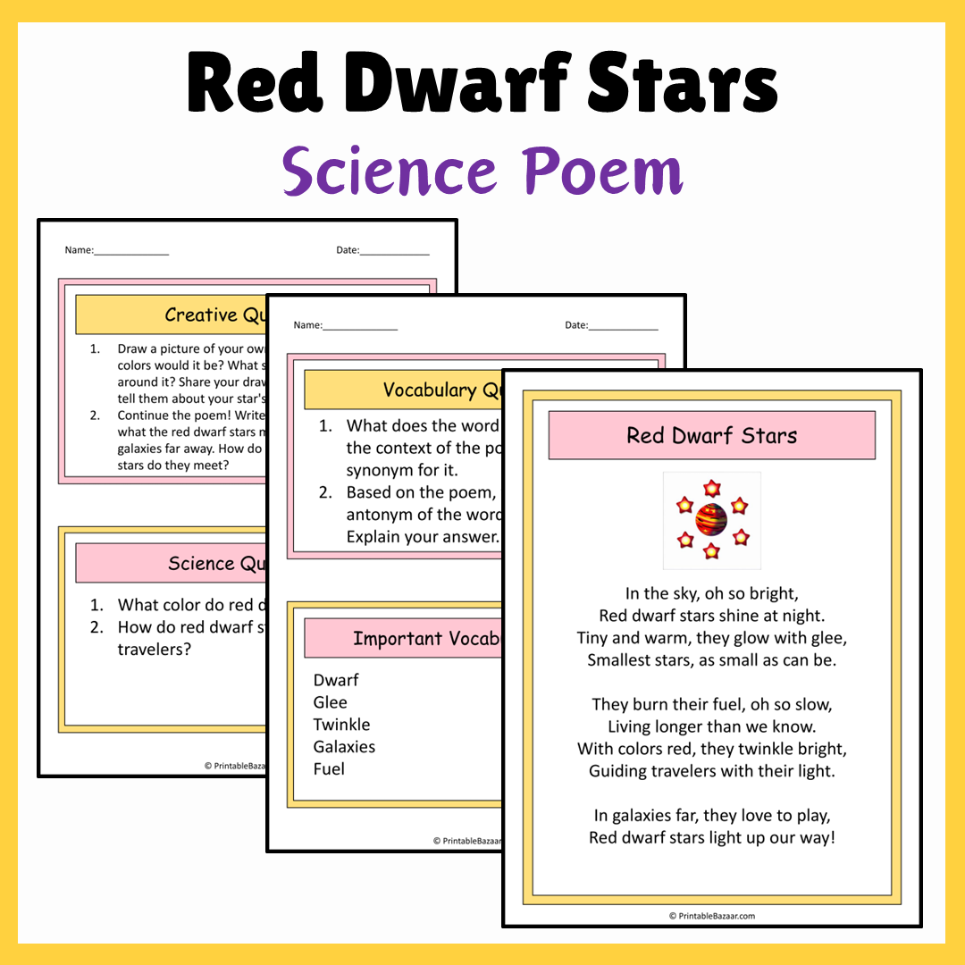 Red Dwarf Stars | Science Poem Reading Comprehension Activity