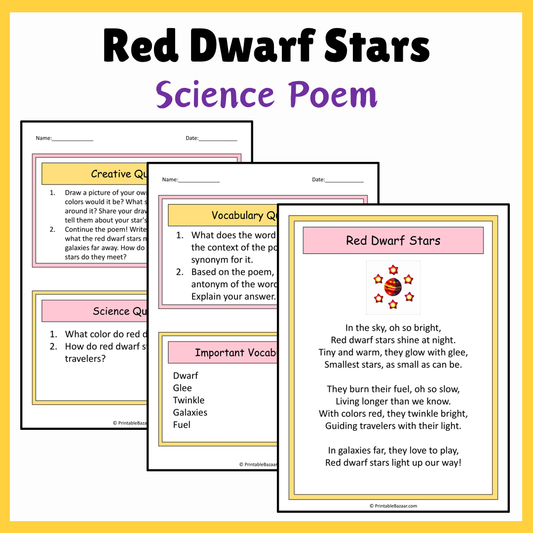 Red Dwarf Stars | Science Poem Reading Comprehension Activity