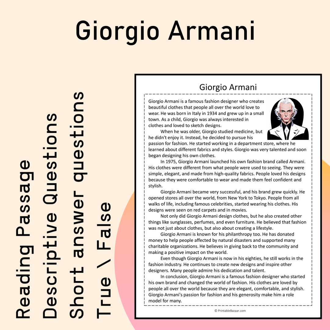 Giorgio Armani | Reading Comprehension Passage Printable Activity