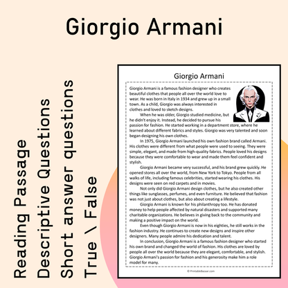 Giorgio Armani | Reading Comprehension Passage Printable Activity